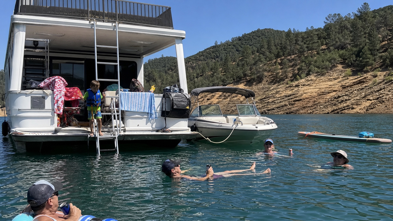 Family relaxing on a Lake Shasta houseboat