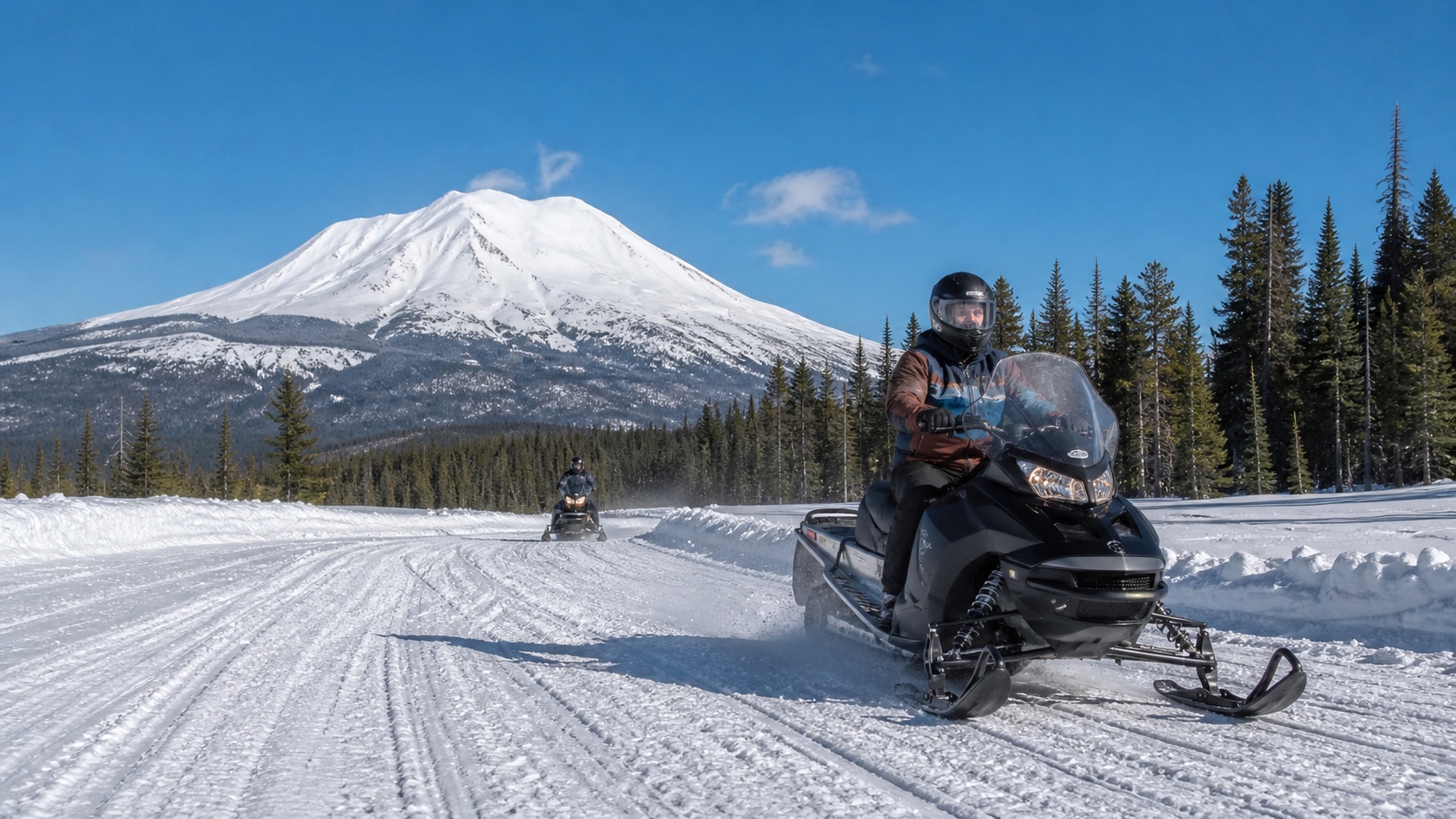 Snowmobile rider with Mount Shasta in view